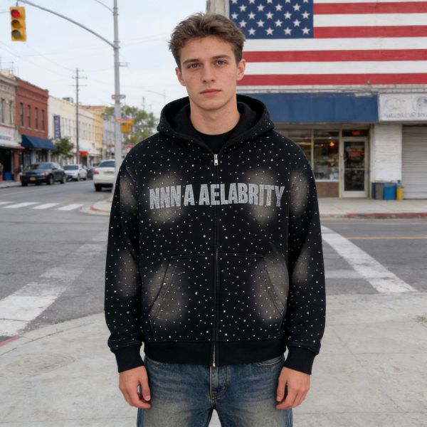 Heavyweight Rhinestone Mens Clothing Streetwear Hip Hop Acid Wash Hoodie for Men Manufacturer Custom Zip up Black Cotton Hoodies