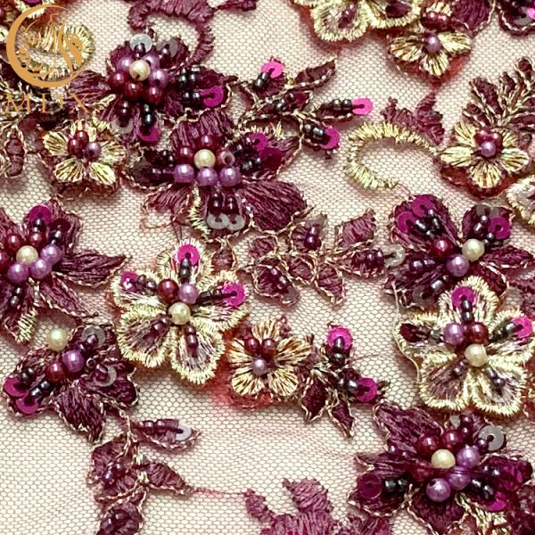 Purple 3D Embroidery Lace Fabric 0.9144 Meter For Nigerian Wedding Dress