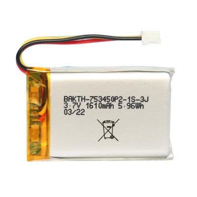 Batterie à chaud de l'usine BAKTH-753450P2-1S-3J 1610mah 3.7v Batterie rechargeable au lithium-ion Li-pol
