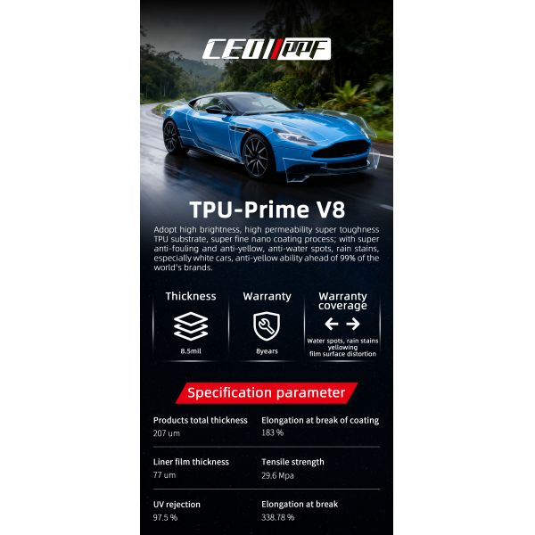 7.5mil espesor 190 micrones rechazo UV 99% película de protección de pintura con 1,52M de ancho para la protección de la carrocería del coche