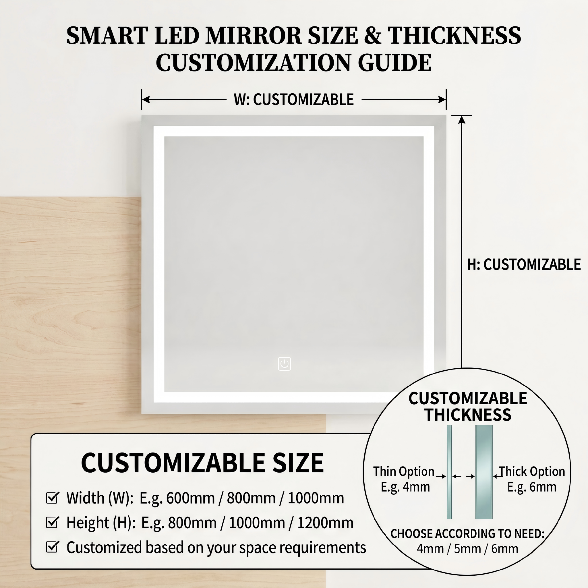 Kingstin Square LED Bathroom Mirror, Dimmable 3-Color Light, Anti-Fog, Custom Size & Time Display Smart Vanity Mirror