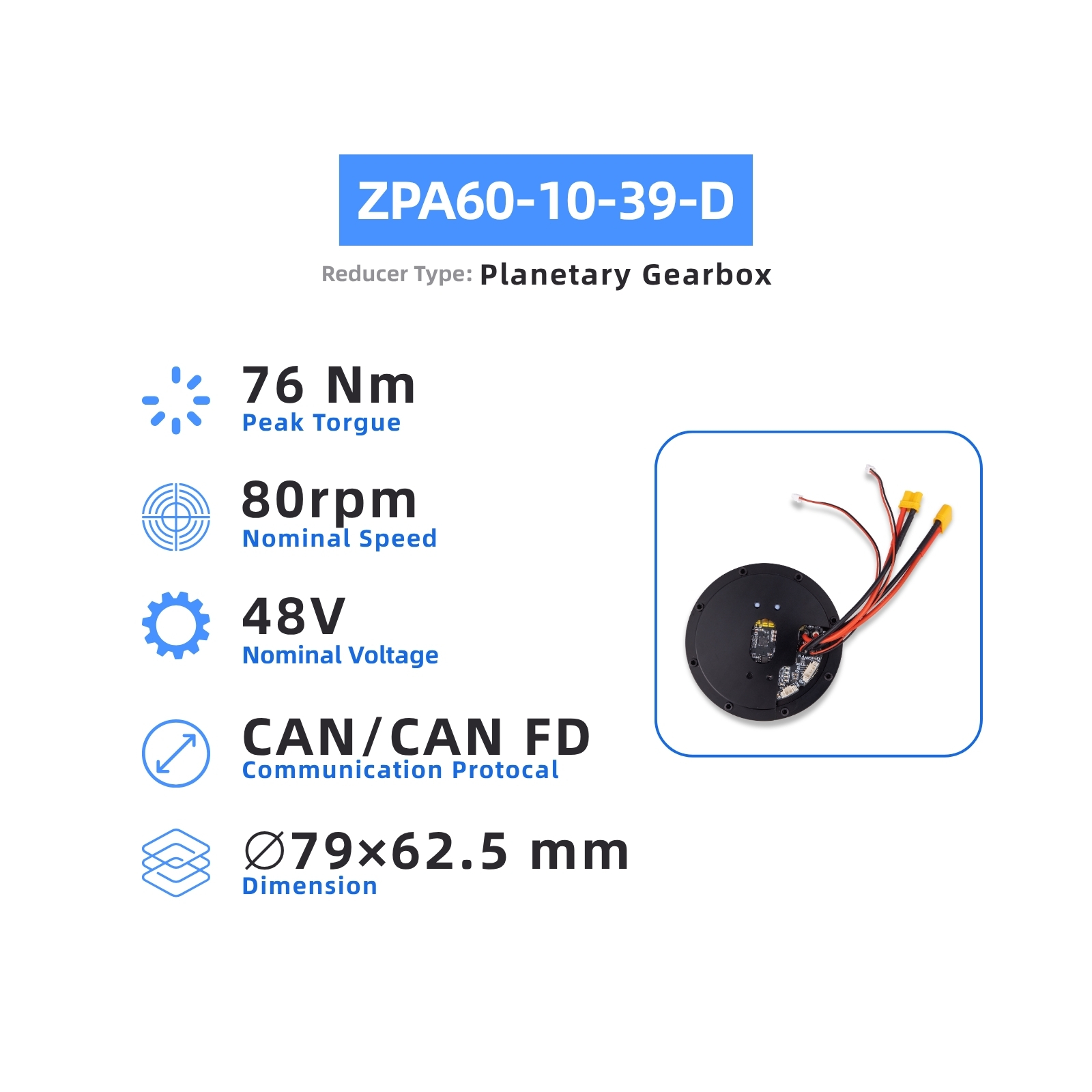 ZBDynamiX ZPA60-10-39-D High-Torque Planetary Joint Actuator | 76 Nm Peak Torque, 39:1 Reduction Ratio, OD79 mm