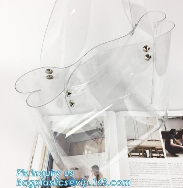 Tote Bags PVC Beach Lash Package Tote Shoulder Bag with Interior Pocket, Waterproof Semi-clear Tote Bags Stripe PVC Shou