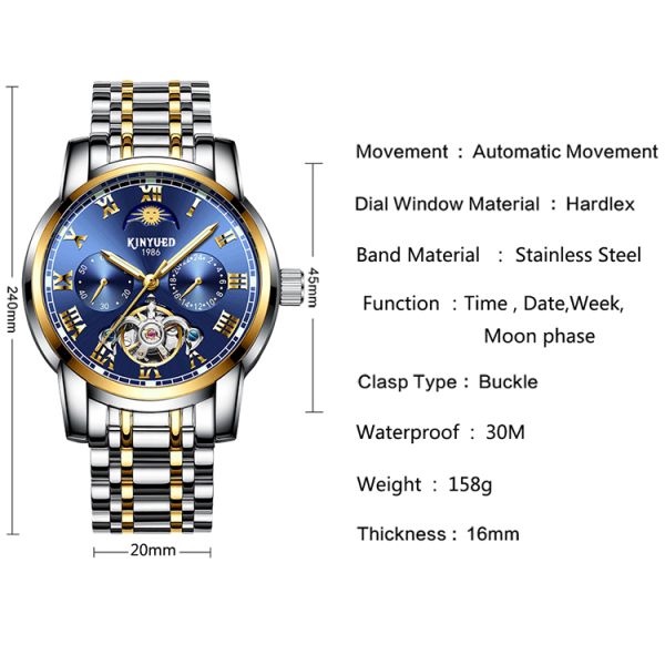 Luxury Mechanical Wrist Watch Tourbillon  Automatic Movement Mens Skeleton Moon Phase Automatic Mechanical Watch