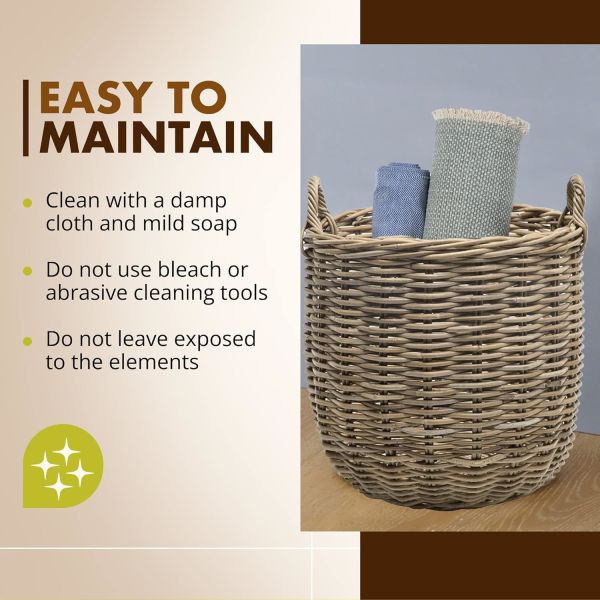 Rattan Kobo Round Storage Basket, Handwoven Rattan Basket With Handles, Organization & Home Decor For Storage, Gray-Brown