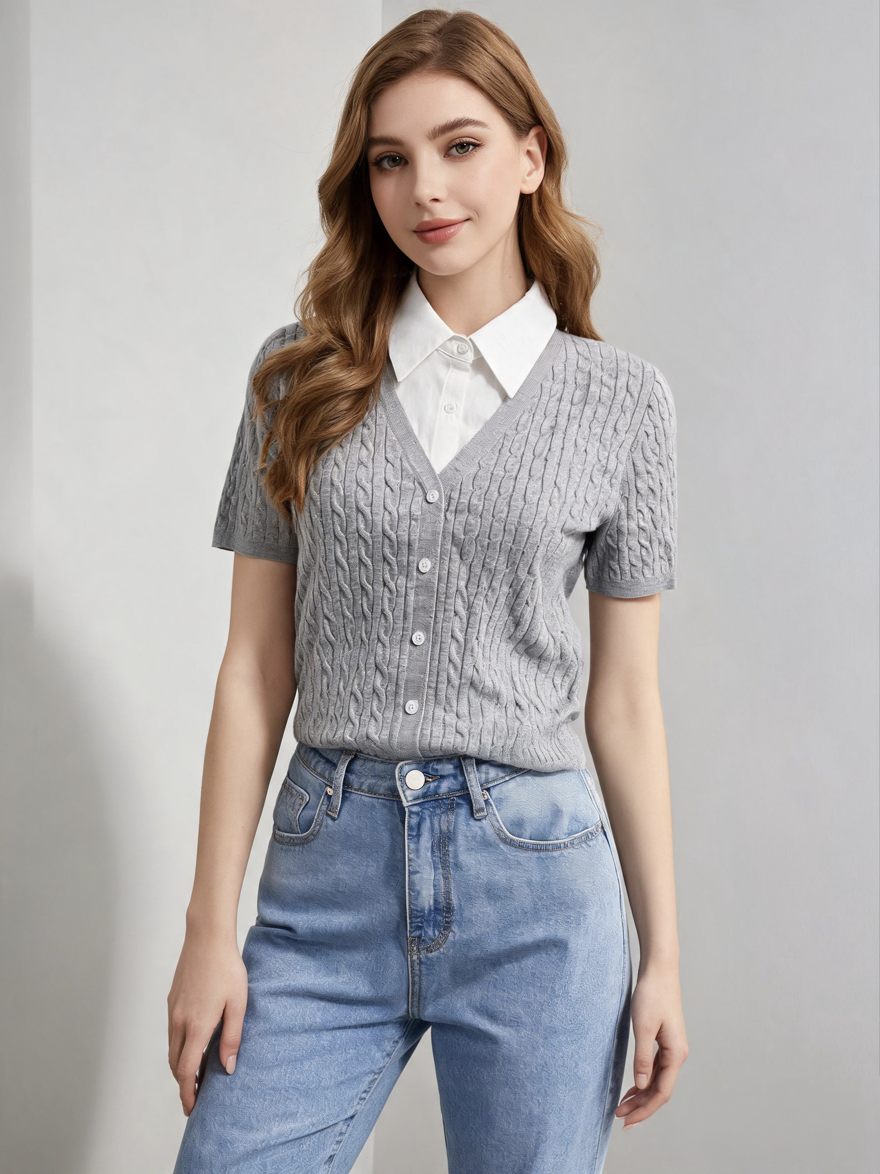 14G Computer Knitted Lightweight V-Neck Cable-Knit Women's Cardigan