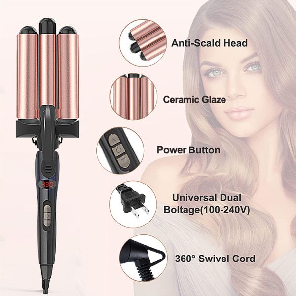 1 Inch Hot Tools Three Barrel Hair Waver Dual Voltage Crimp With Titanium Plate