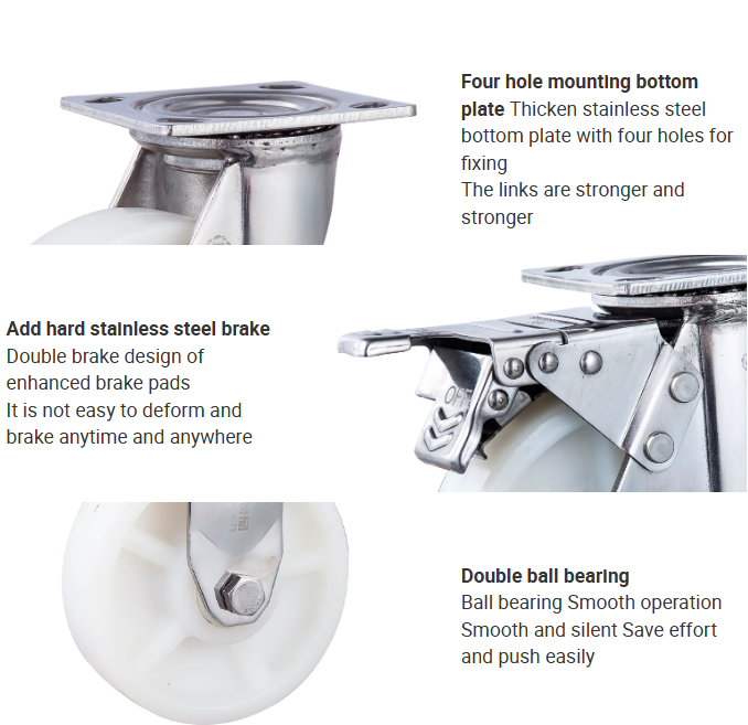 4 / 5 / 6 / 8 Inch Heavy Duty Nylon Wheel Stainless Steel Swivel Casters
