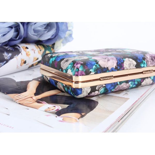 Flowers painting printed surface pu metal frame rectangle shaped pu clutch bag for women