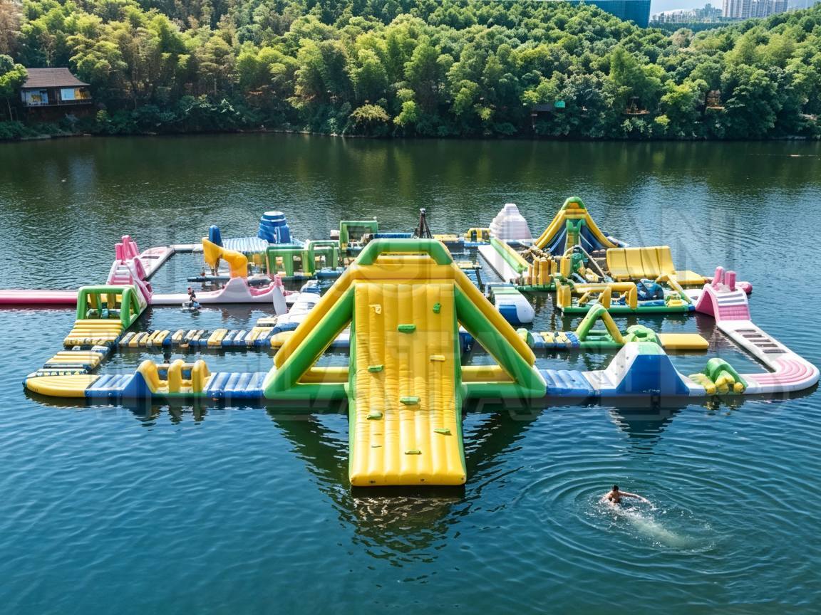 Custom Modular Inflatable Water Park with Colorful Slides Climbing Walls Balance Bridges and Floating Activity Zones for Lakes Resorts Camps and Commercial Projects