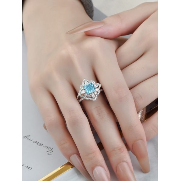 Synthetic Blue Lab Diamond Jewelry VVS Cushion Cut Engagement Ring