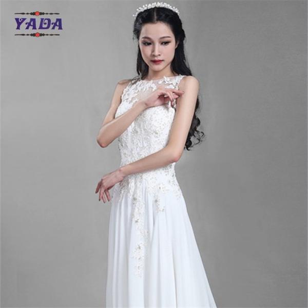 Novos bordados de pérolas de moda princesa de renda sem mangas uma linha sexy vestido de noiva com longo comboio