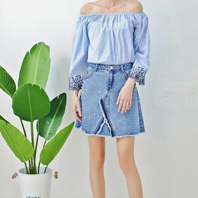 Young Ladies Short Denim Mini Skirt With Pearls , Women's A Line Denim Skirt