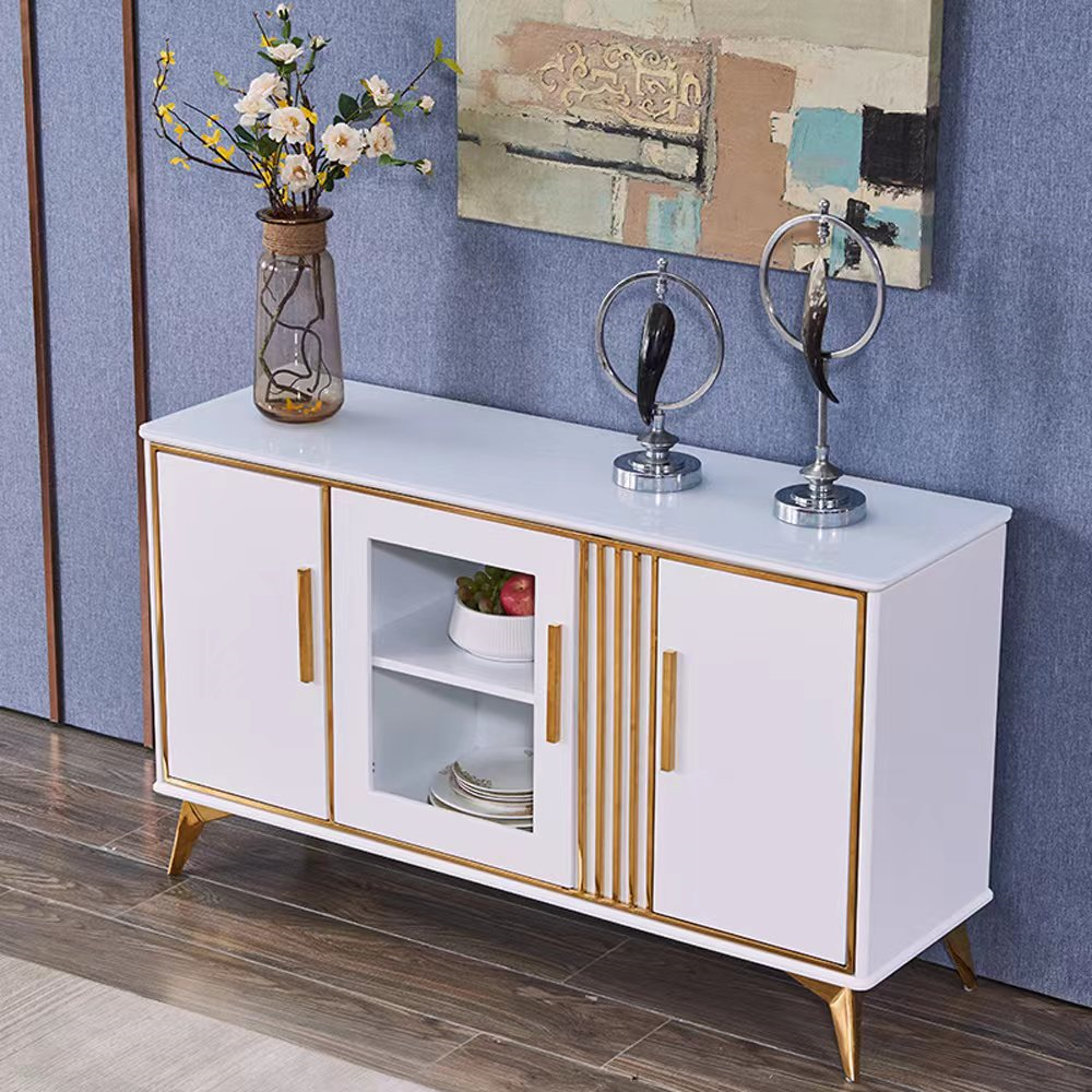White Luxury Sideboard Cabinets Marble Facet Metal Glass Door Custom