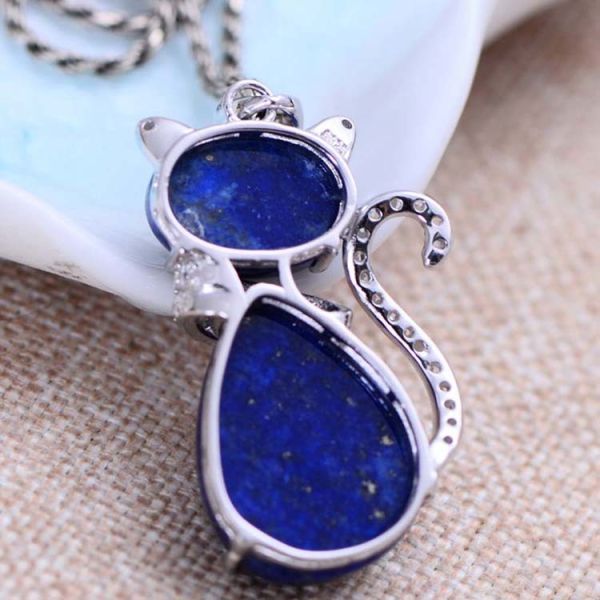 Sterling Silver Lapis Lazuli Cat  Shape Women Pendant Necklace (048817W)
