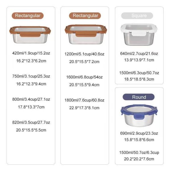 Stainless Steel Food Storage Container with Round/Square/Rectangular Shapes for Freshness Preservation and Airtight Seal