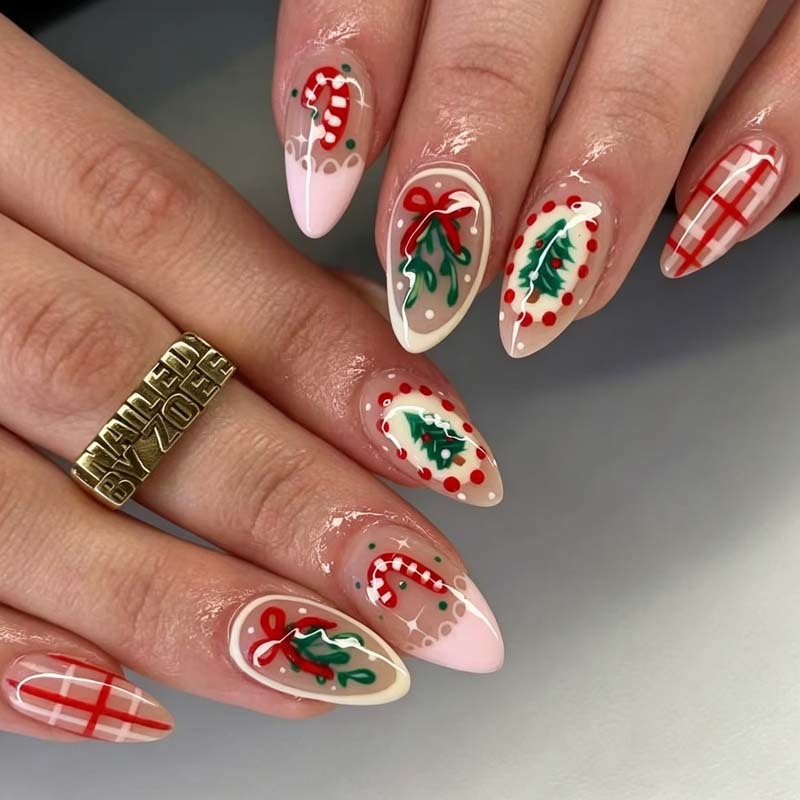 Medium Almond Christmas Tree Holiday False Nails No Nail Salon Visit Needed