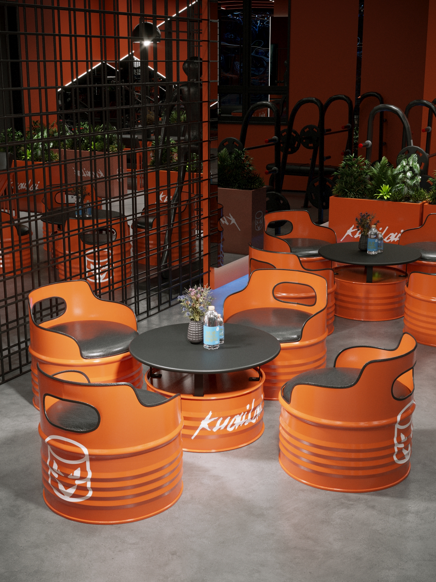 Durable Iron Frame Industrial Bar Furniture with Premium PU Leather and Customizable Colors Oil Drum Table and Chair