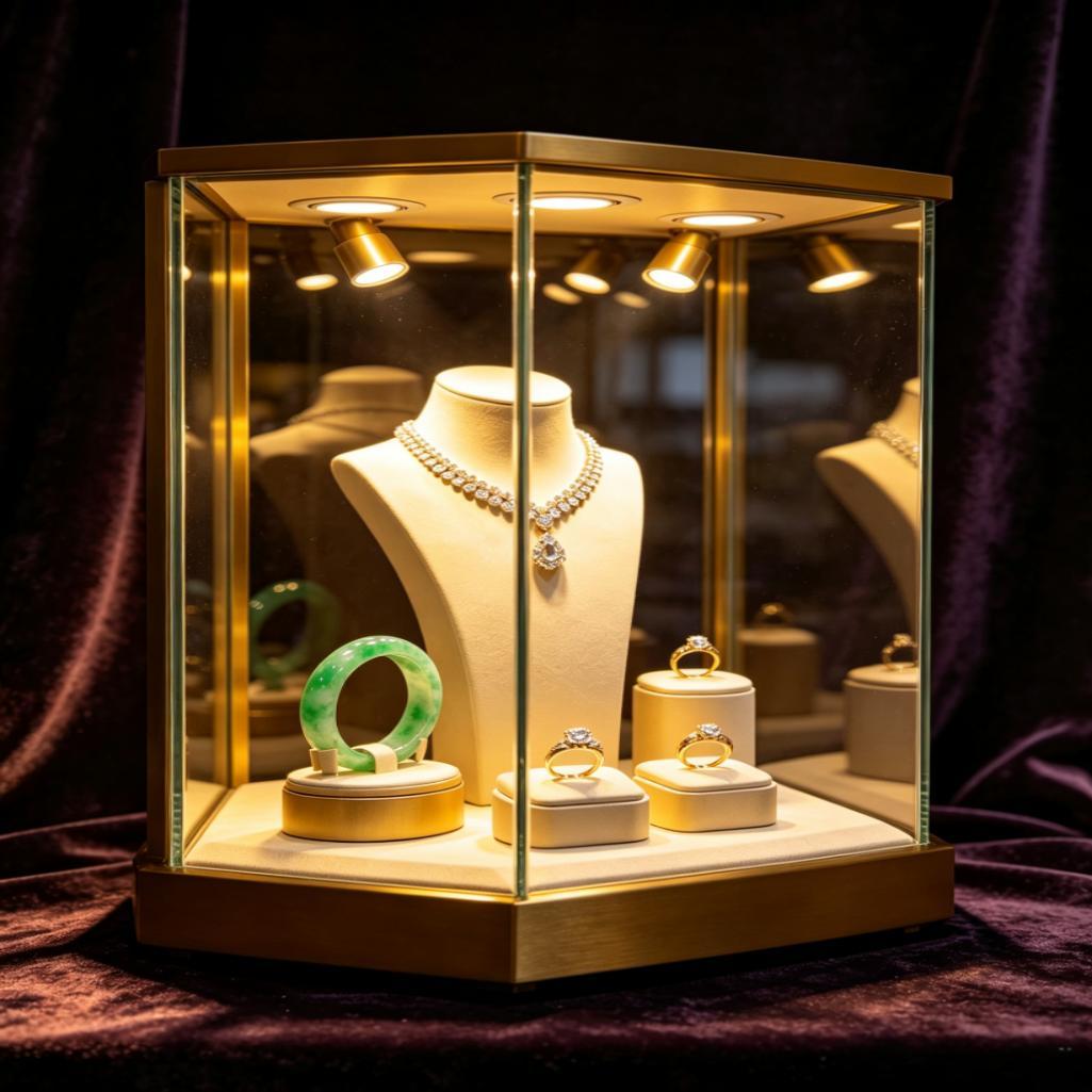 Luxurious White and Gold Metal Jewelry Display Case with LED Lighting Eco-Friendly Secure and Easy to Clean for Retail Stores