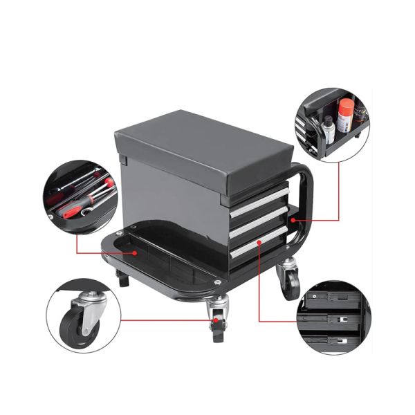 Rolling Mechanic Seat: 300LBS Load, 3 Drawers, Tray+Bottle Holder for Vehicle/Equipment Repair