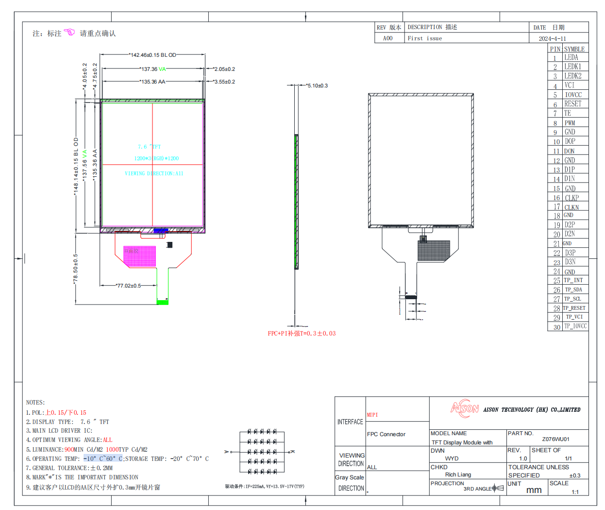 7.6 Inch Square 1200x1200 TFT LCD LCM Display Module High Brightness 1000cd/m2 MIPI Interface ILI9881C Driver IC