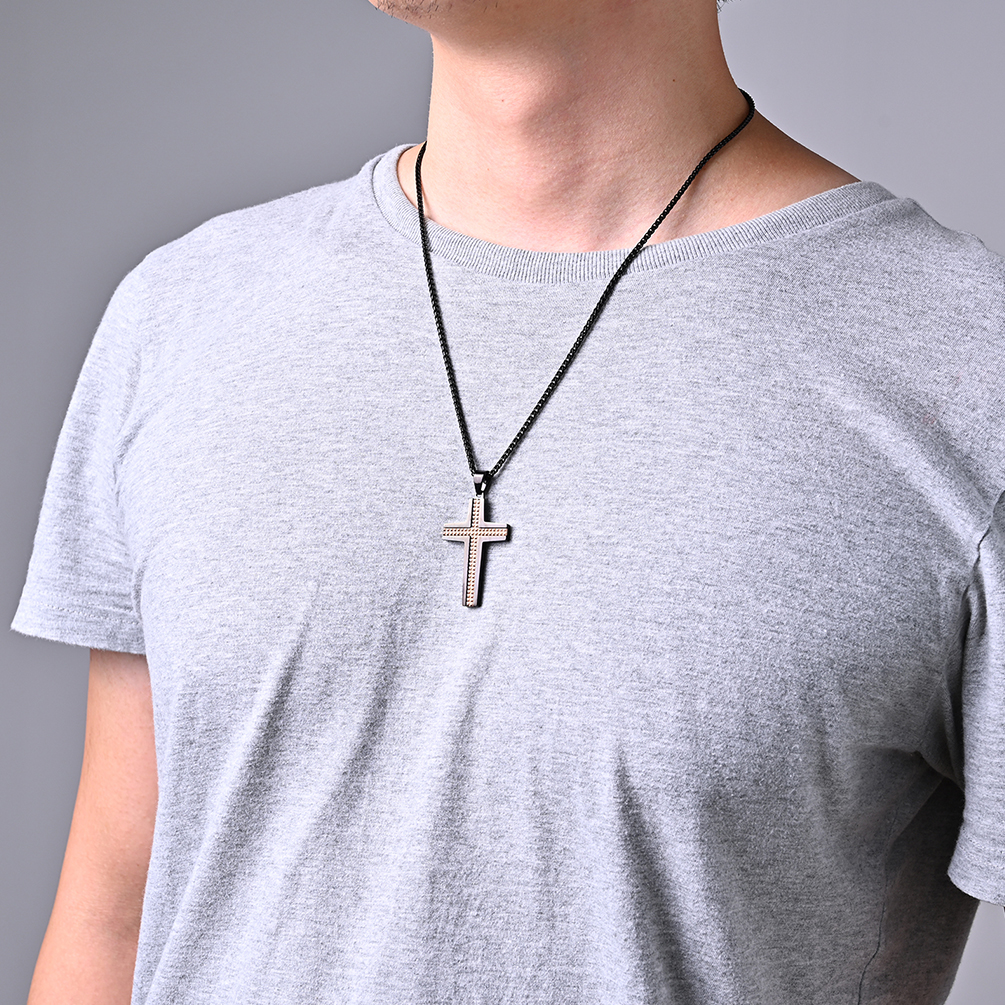 Collar de acero inoxidable para hombre de zircónia cúbica micro pavimentación de la cruz colgante collar de oro rosa, plata y azul