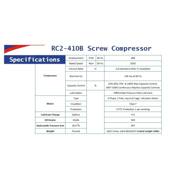 RC2-410B-Z Hanbell Screw Compressor 121HP Horsepower with 740KG Max Working Pressure 2.8MPa