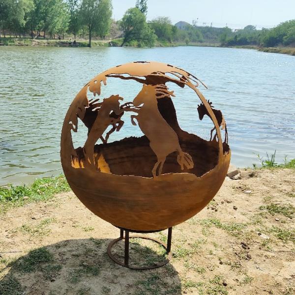 corten Esfera de aço exterior madeira fogo poço jardim laser corte bola de fogo