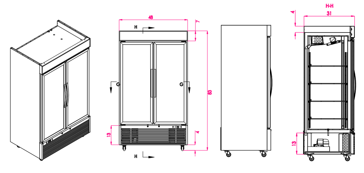 48 Inch Two Glass Door Refrigerator Commercial Merchandiser 115V 60HZ