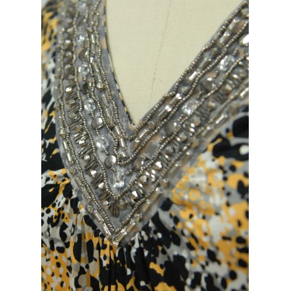 Ladies Casual V Neck Shirt  Allover Pigment Printing And Front Neckline With Special Accessories