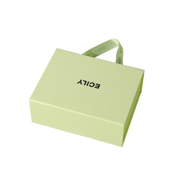 Custom Jewelry Gift Box Mint Green Handled Packaging with Ribbon Closure Embossed Brand Logo Dual Compartment Design Cosmetic Perfume Box