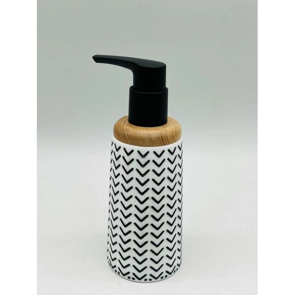 Accesorios de escritorio de baño de poliresina blanca Conformación redonda con madera Accesorios de inodoro Conjunto de cepillos de inodoro Dispensador de lavado manual