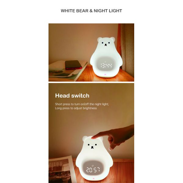 Luz e som de noite LED máquina Urso bonito relógio de treinamento de sono para quartos de crianças
