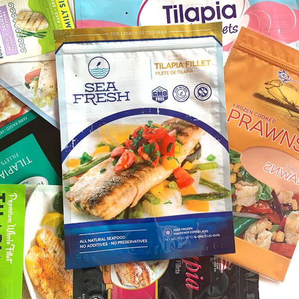 Белизна PE ЛЮБИМЦА стоит вверх мешок со свежими продуктами моря окна