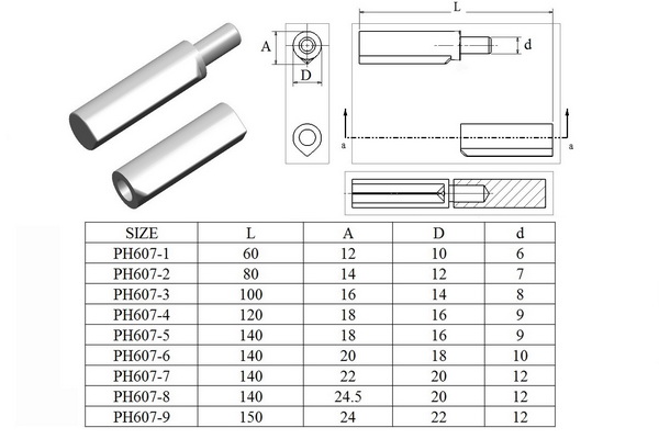 Piston adjustable weld on hinge PH607, with a ball inside the pin, finishing self-color or zinc plating