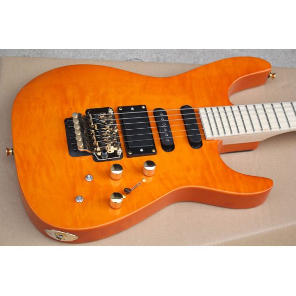 Factory Custom Orange Electric Guitar with Floyd Rose,3 Pickups,No Frets Inlay,Gold Hardware,Flame Maple Veneer