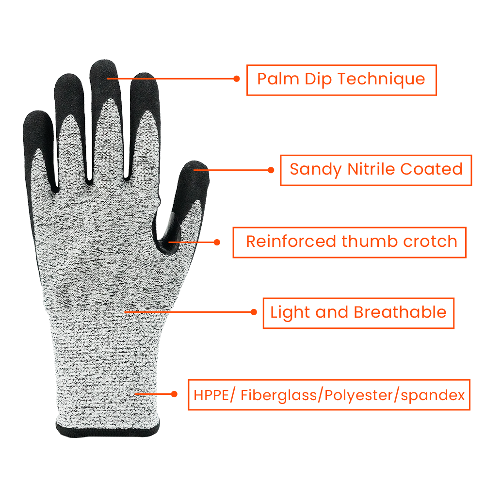4X43C 13 Gauge HPPE Anti Slip Heavy Duty Grip Gloves , Industrial Anti Cut Safety Gloves For Men