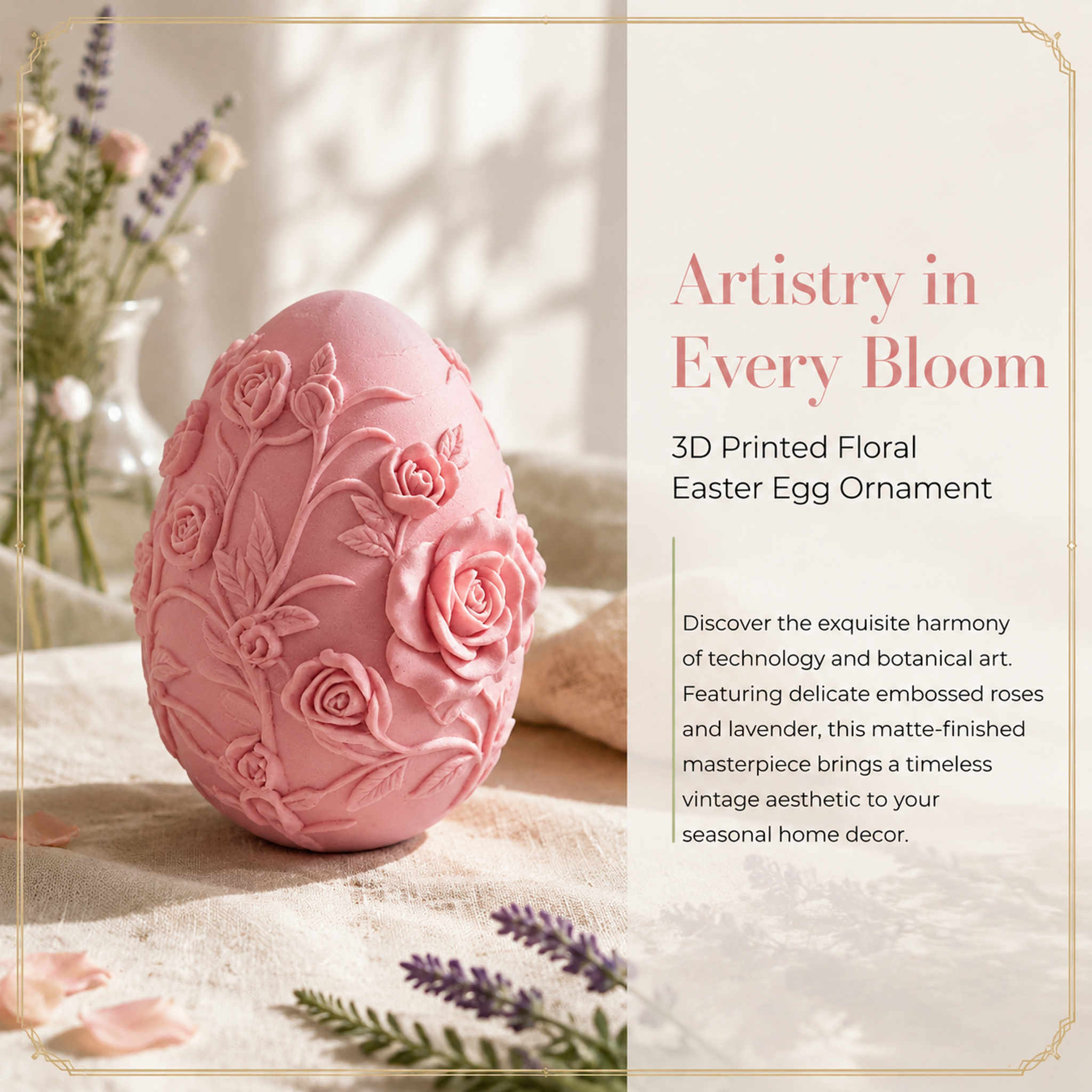Table 3D Printed Arts Embossed Floral Easter Egg Sculpture Ornament