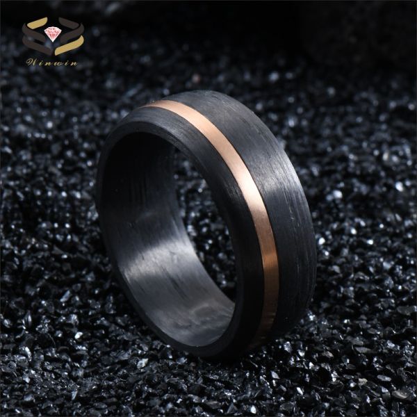 Anillo de boda para hombre con incrustaciones de círculo de oro rosa y fibra de carbono negro de 8 mm para compromiso