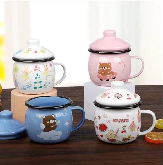 Custom Thickened Enamel Mugs Steel Cartoon Pattern Kids Water Milk Mugs With Lid