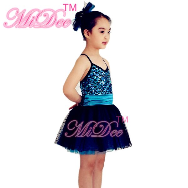 Spandex Sequin Kids Dance Clothes Black Polka Dot Over Turquoise Tulle Dress