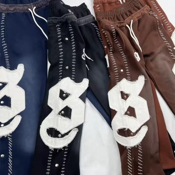 Custom Reverse Embroidery Logo Streetwear Pullover Vintage Half Zipper Acid Wash Distressed Flared Sweatpants Hoodie Set
