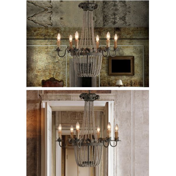 Wood Bead Chandelier Light Fixtures 6 Lights For Living room Bedroom Lighting (WH-CI-05)