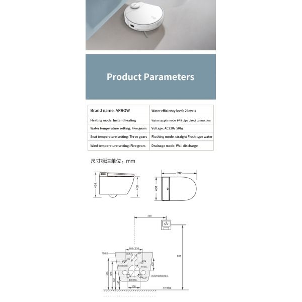 ARROW One Piece Wall-Mounted Smart Toilet with P-Trap and Intelligent Bidet Features