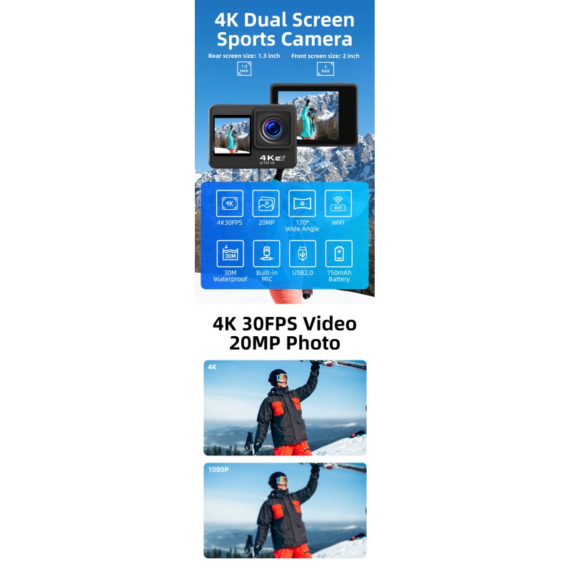 Newest HD 4k Dual Screen Sport Action Camera Motorcycle Bike Helmet Riding Camera 30M Waterproof Sport Camera with WIFI