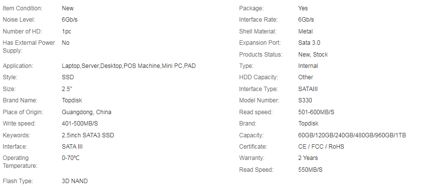 Topdisk Internal SSD 64gb 120gb 128gb 240gb 256gb 480gb 500gb 512gb 1tb 2tb 2.5 Inch Solid State Drive