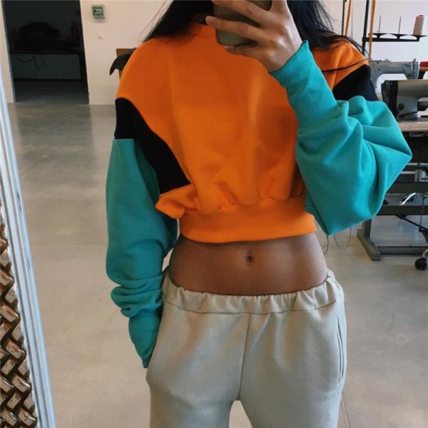 Sports Stitching Fleece Anti Pilling Women Crop Hoodie Sweatshirt