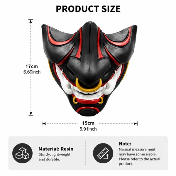 Resin Demon Half Face Mask, Black Red Oni Style Costume Mask with Gold Ring Accents for Adults, Halloween Cosplay, Masquerade Party, Festival Outfit, Photo Shoot and Stage Performance