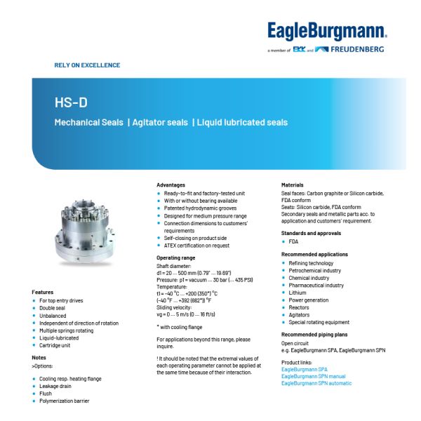 EagleBurgmann HS-D Reaction Kettle Cartridge Mechanical Seal for Agitators