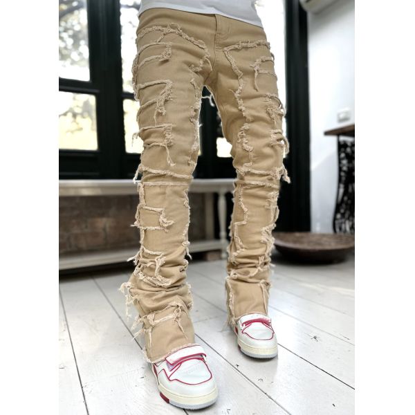 Street Style Men's Boot Cut Light Blue Damaged Tassel Applique Jeans Spandex/Cotton